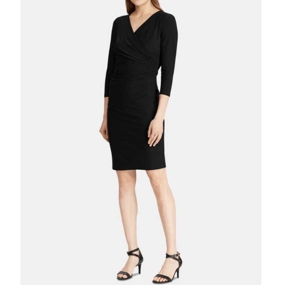 Lauren Ralph Lauren Black Faux Wrap Ruched Sheath Dress 3/4 Sleeve Size 4 NEW - Picture 1 of 9